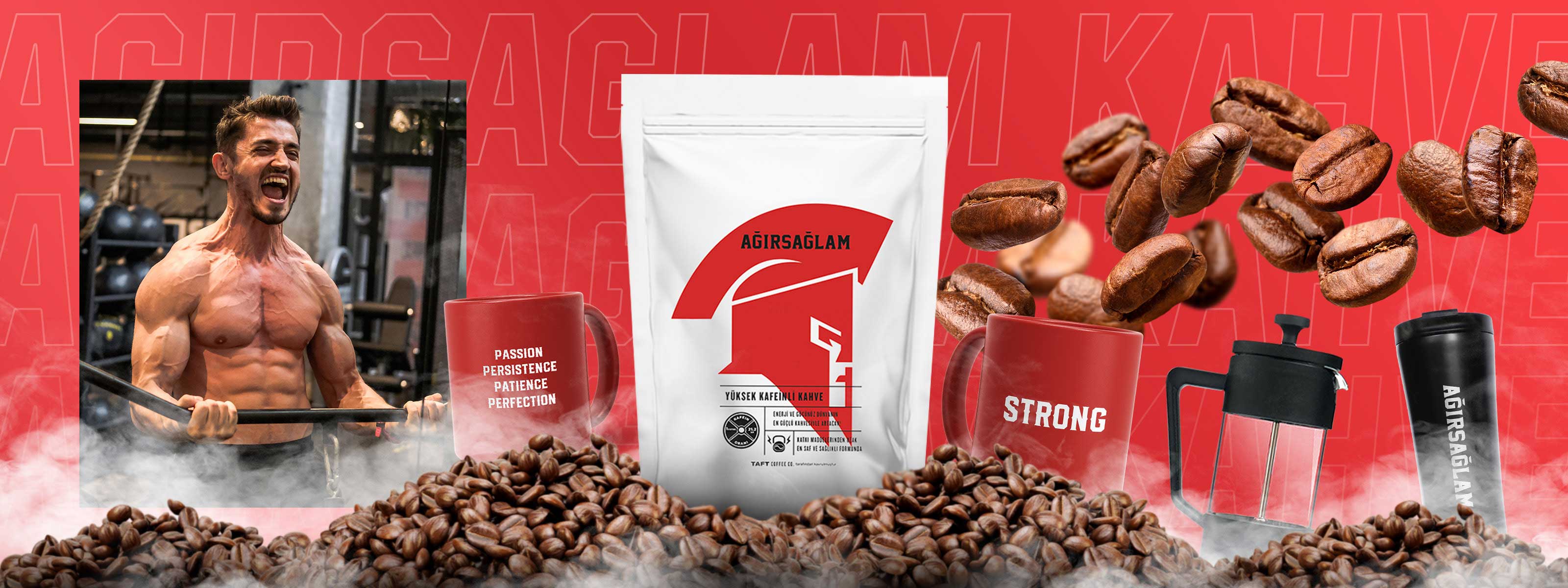 Kırmızı bir zeminin alt kısmında kahve çekirdekleri, üstünde soldan sağa sırasıyla Ağırsağlam manken, Ağırsağlam Kupa, Ağorsağlam Kahve, kupa, french press ve termos yer alıyor.