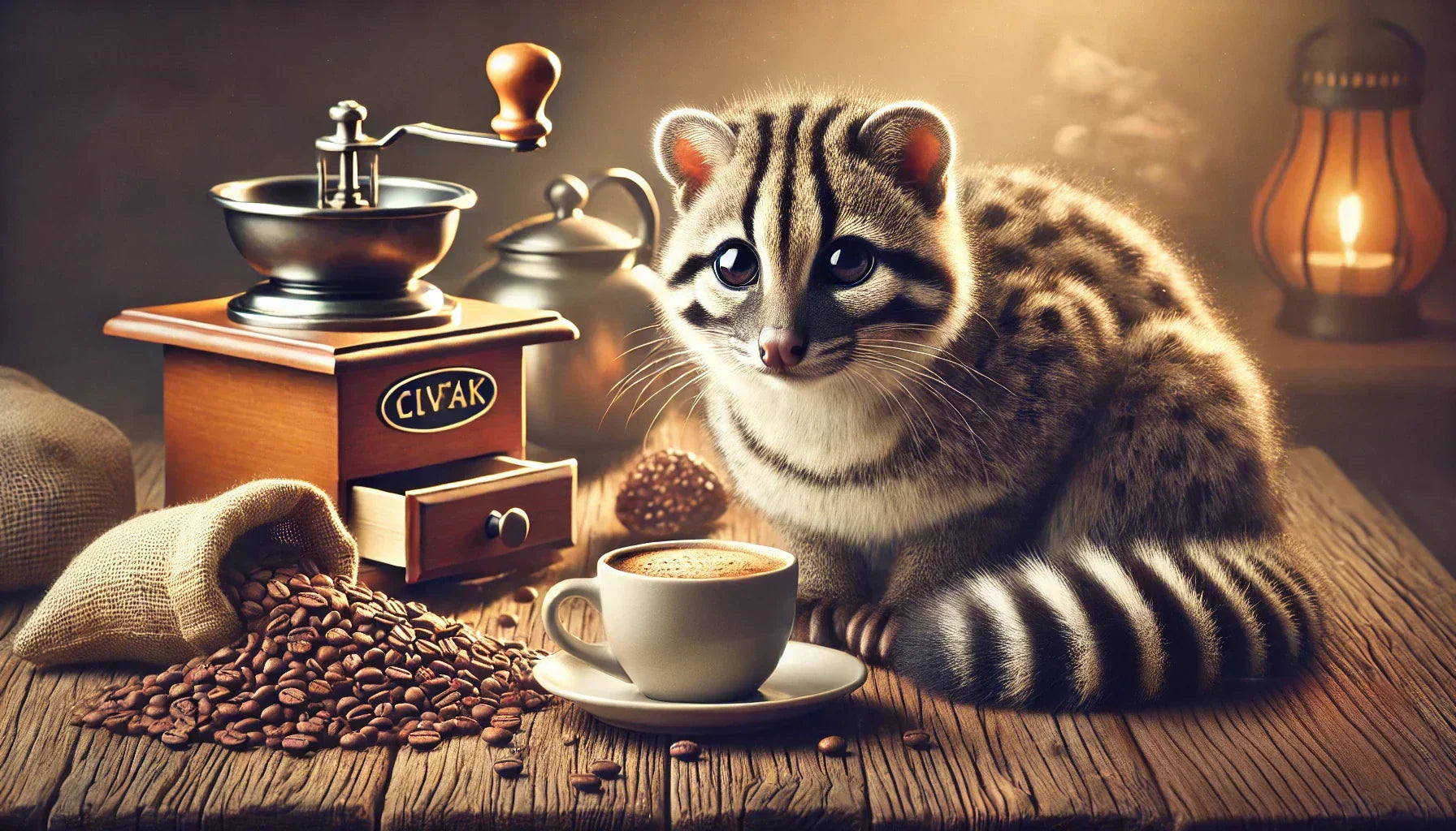 Gerçekçi bir misk kedisi, Kopi Luwak kahve çekirdeklerinin yanında oturuyor. Ön planda, sıcak ve premium bir atmosferde buharlanan bir fincan Kopi Luwak kahvesi bulunuyor. Ahşap masa ve doğal arka plan, kahvenin lüks ve eşsiz doğasını vurguluyor.